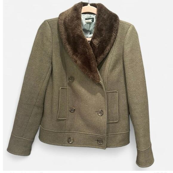 J.Crew Early 2000s Green Wool Tweed Pea Coat Faux Fur Collar Rare Heritage 0 - Picture 10 of 11